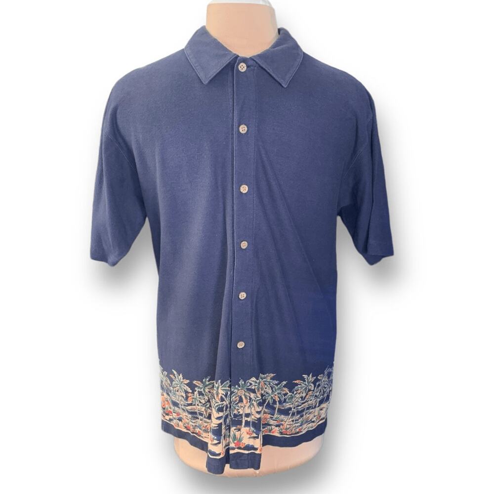 Vintage Chaps Shirt Navy Blue Tropical Palm Floral Short Sleeve Hawaiian Print